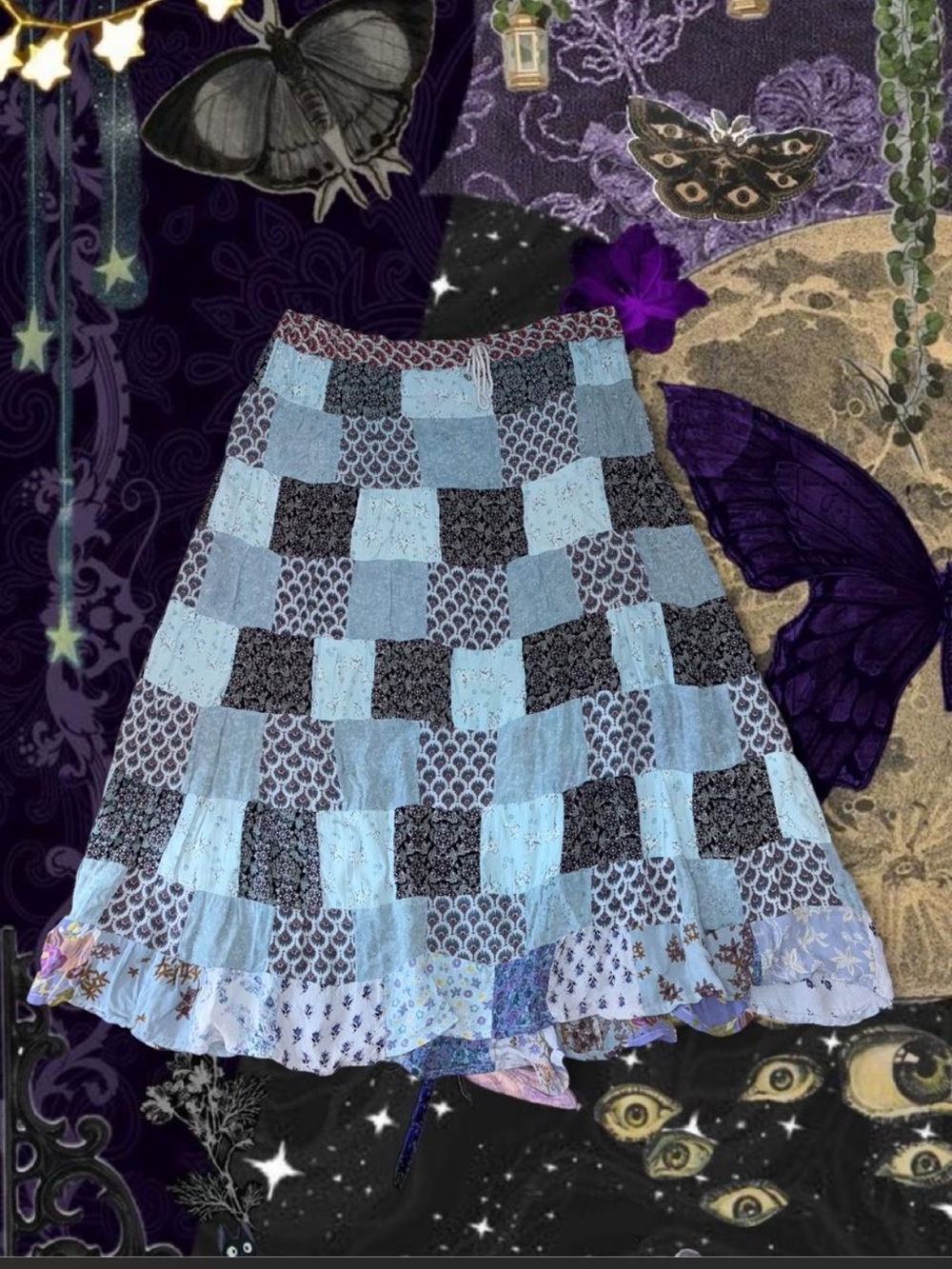 Y2k Sacred Threads Patchwork Maxi Skirt Blue Floral Mixed Print Boho Hippie